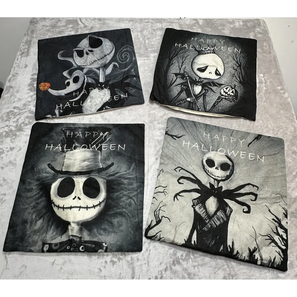 Four Jack Skellington Halloween Fall Throw Pillow Covers Holiday Home Decor NWOT